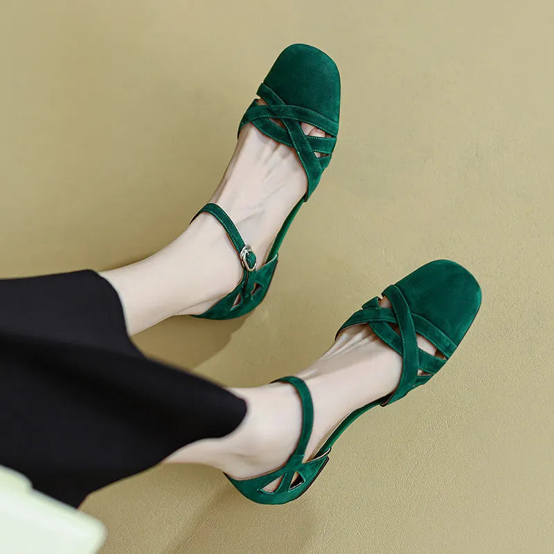 Apricot and green classic French retro Roman sandals with buckle fastening and round toe.