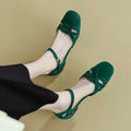 Apricot and green classic French retro Roman sandals with buckle fastening and round toe.