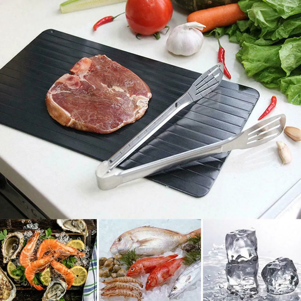 Black aluminium fast defrosting tray for thawing frozen meat and food.