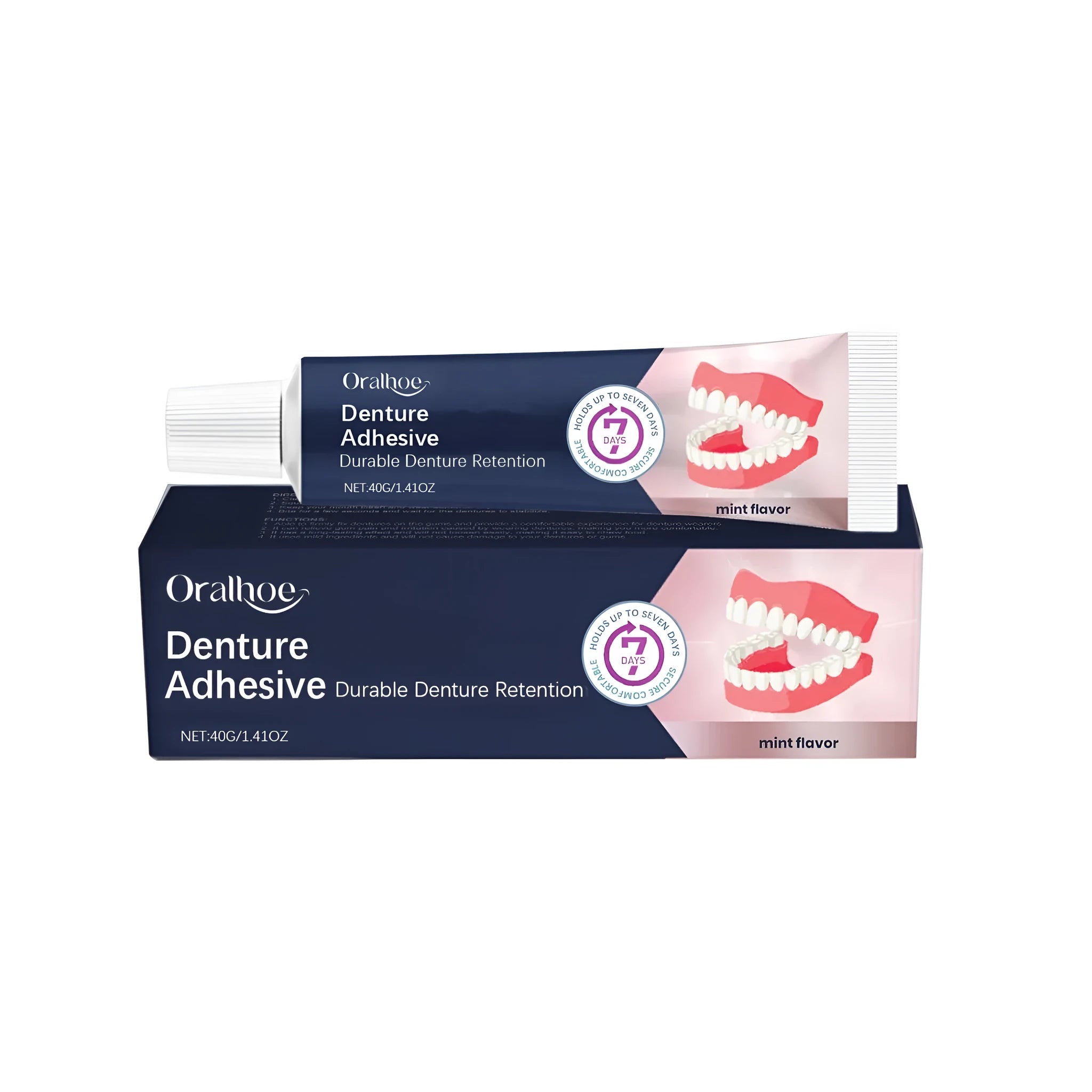 40g tube of denture fixing adhesive cream on a blue background