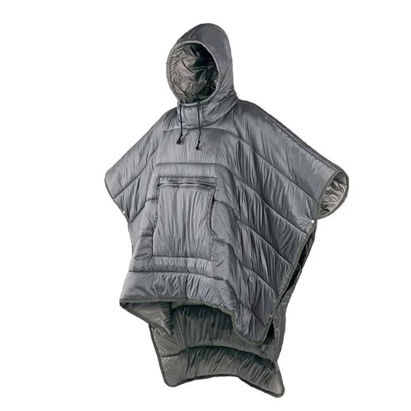 Army Green outdoor cloak sleeping bag worn as a cape, showing its 200x140cm size and nylon fabric.