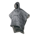 Army Green outdoor cloak sleeping bag worn as a cape, showing its 200x140cm size and nylon fabric.