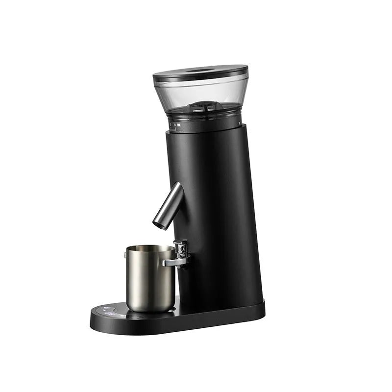 Portable electric coffee grinder with stainless steel body in beige retro style