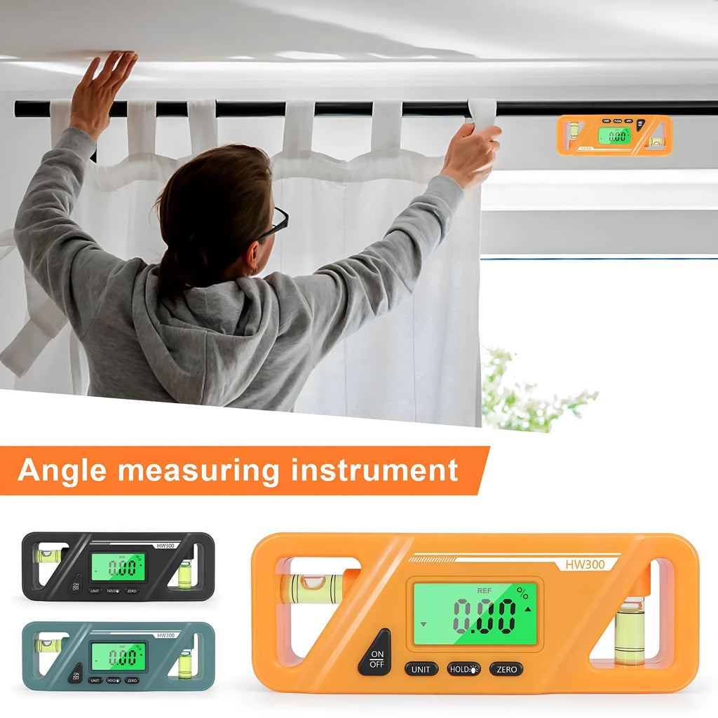 Digital magnetic inclinometer level meter showing angle display on screen, with plastic ABS housing.
