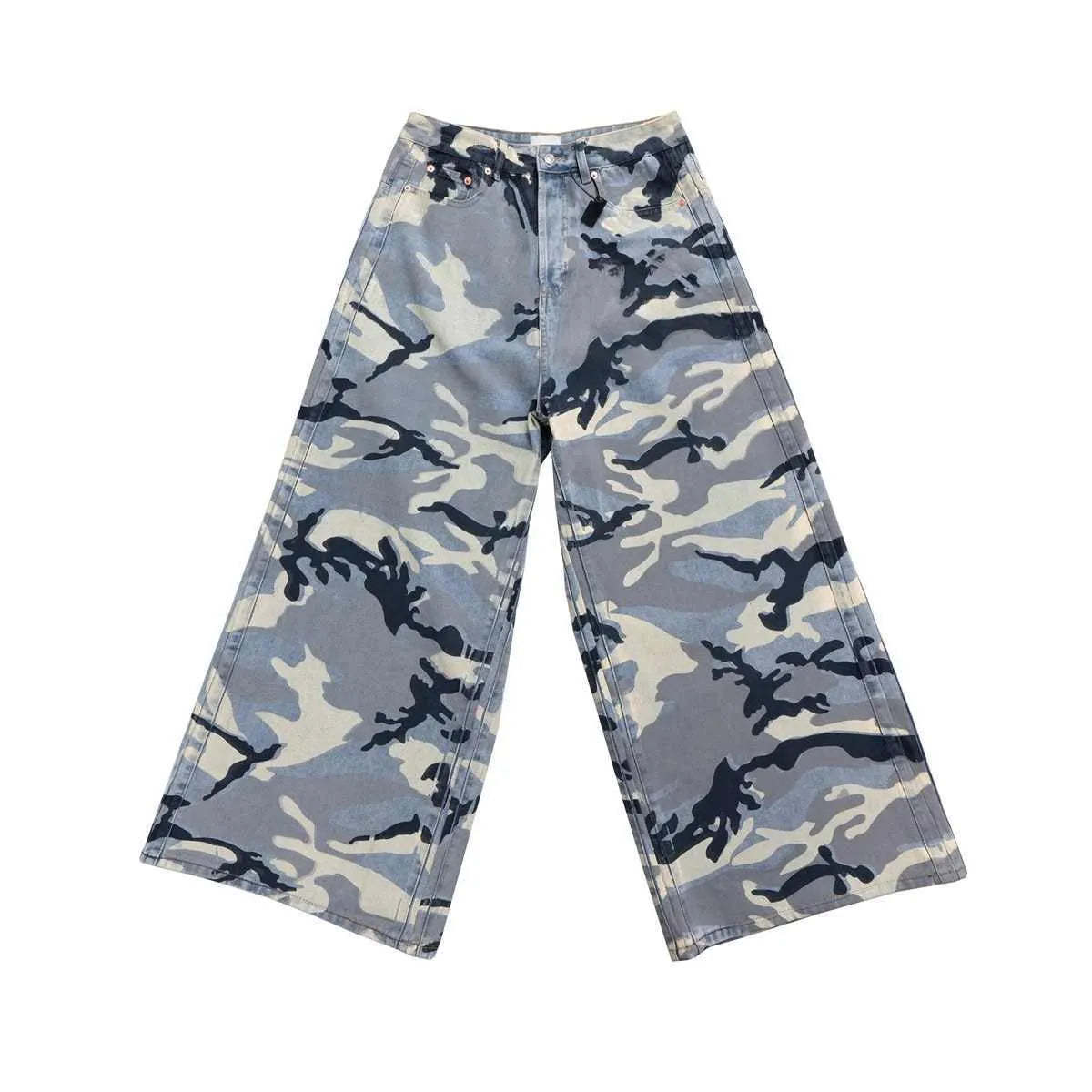 Snow camouflage blue loose-fit jeans with micro-elastic denim fabric