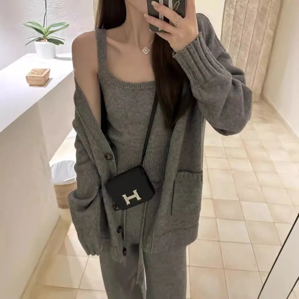 Women's light brown wool blend knit cardigan, vest, and loose pants three-piece casual set.