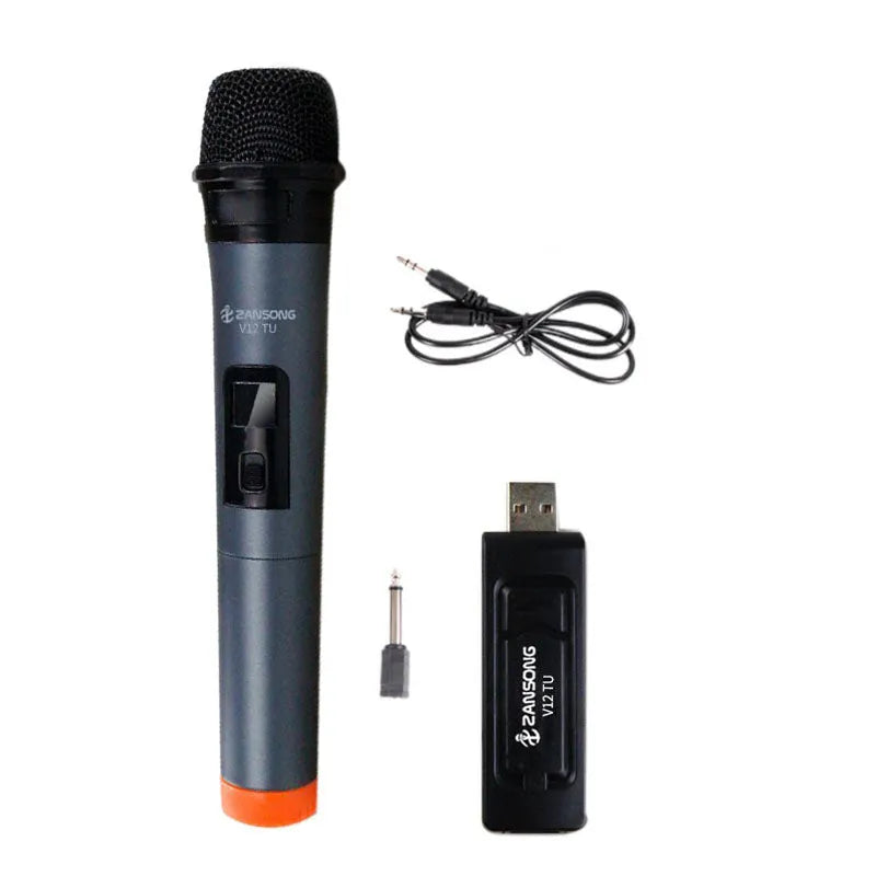 Black ZANSONG V12 dynamic wired microphone with cable, USB receiver, and audio adapter.