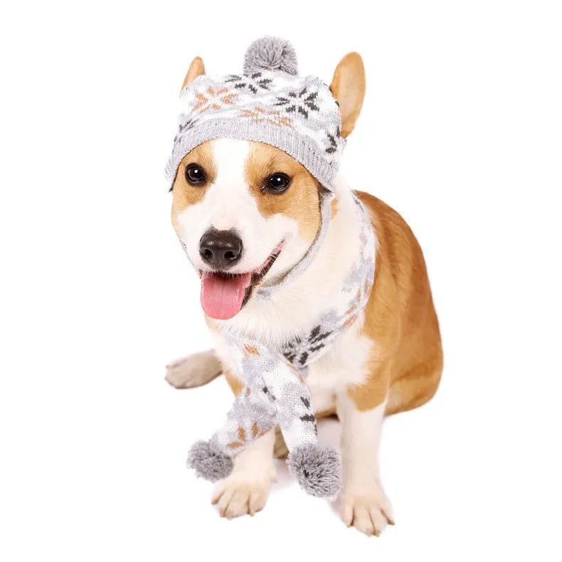 Grey Japanese retro jacquard pet sweater, hat, and scarf set for a small dog