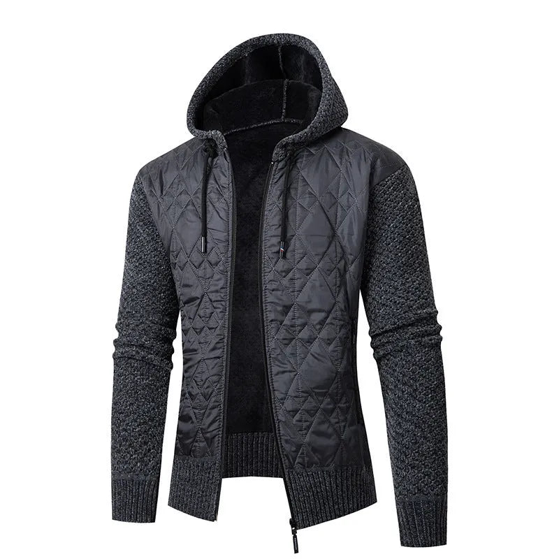 A grey men's hooded sweater coat with a cinched waist, made from wool corduroy for winter.
