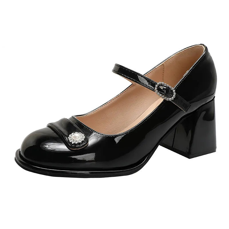 Women's patent leather chunky heel shoes in black or apricot for wide feet sizes 31-45
