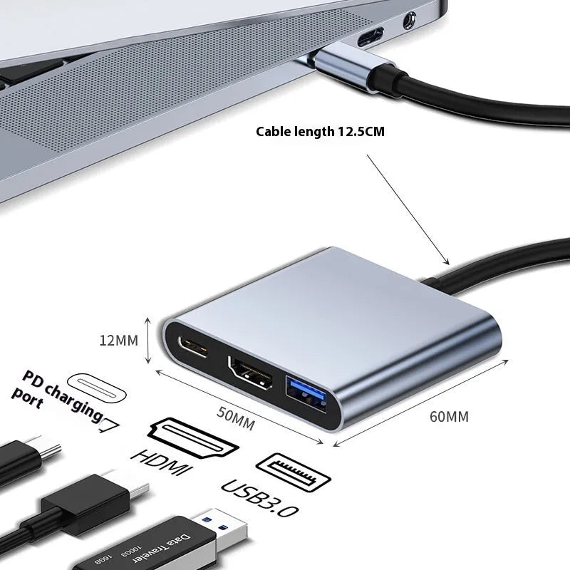 A compact 7-in-1 USB-C expansion dock with a 15cm cable, featuring HDMI and USB ports.