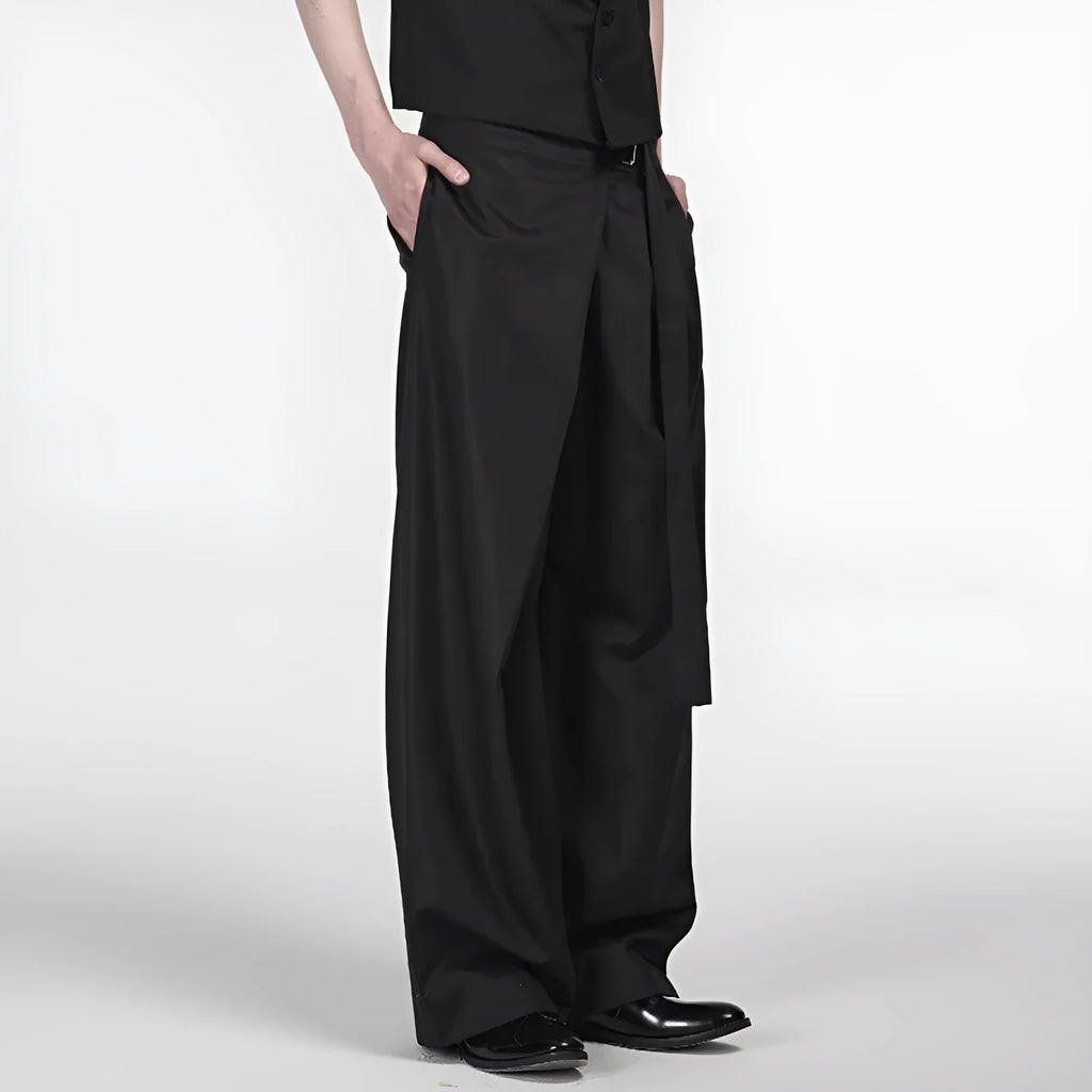 Black straight-leg trousers with a single pleat and adjustable waistband, made from a Tencel and cotton blend fabric.