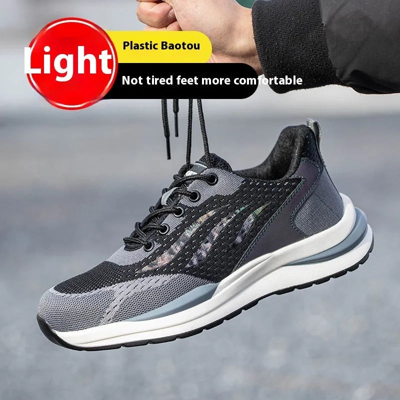 Men's black grey electrician safety shoes with plastic toe protection and shoelace binding
