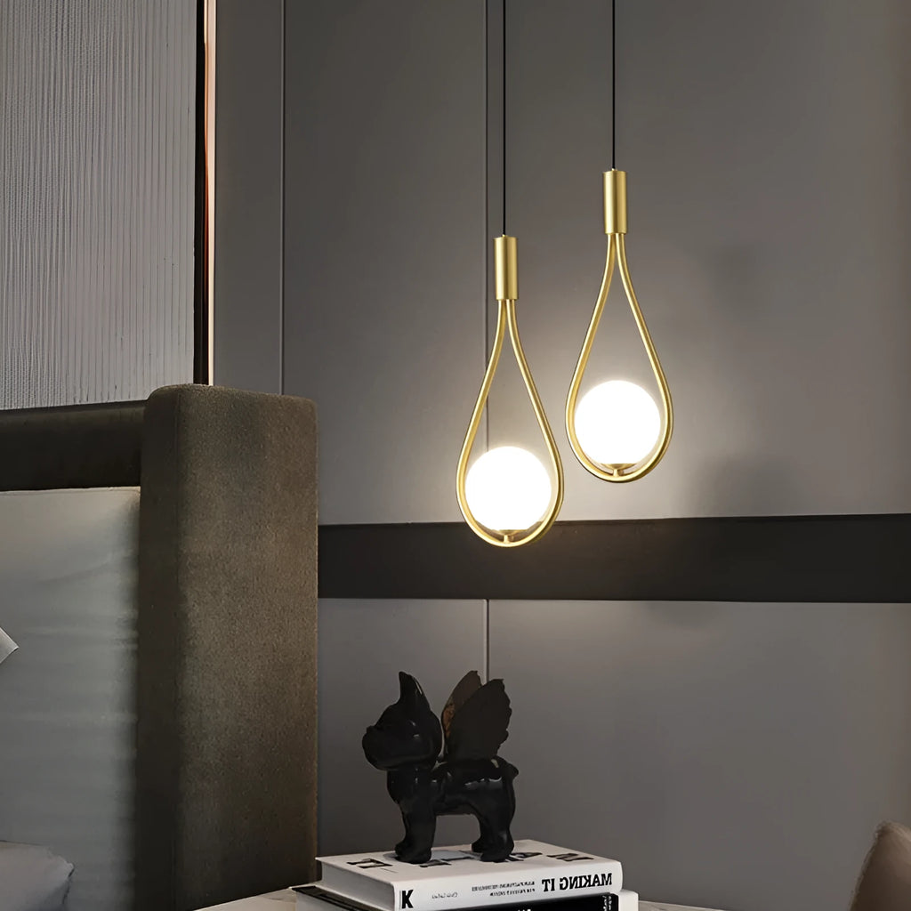 Modern minimalist copper bedside chandelier with a choice of three shade colours and a tricolour light source.
