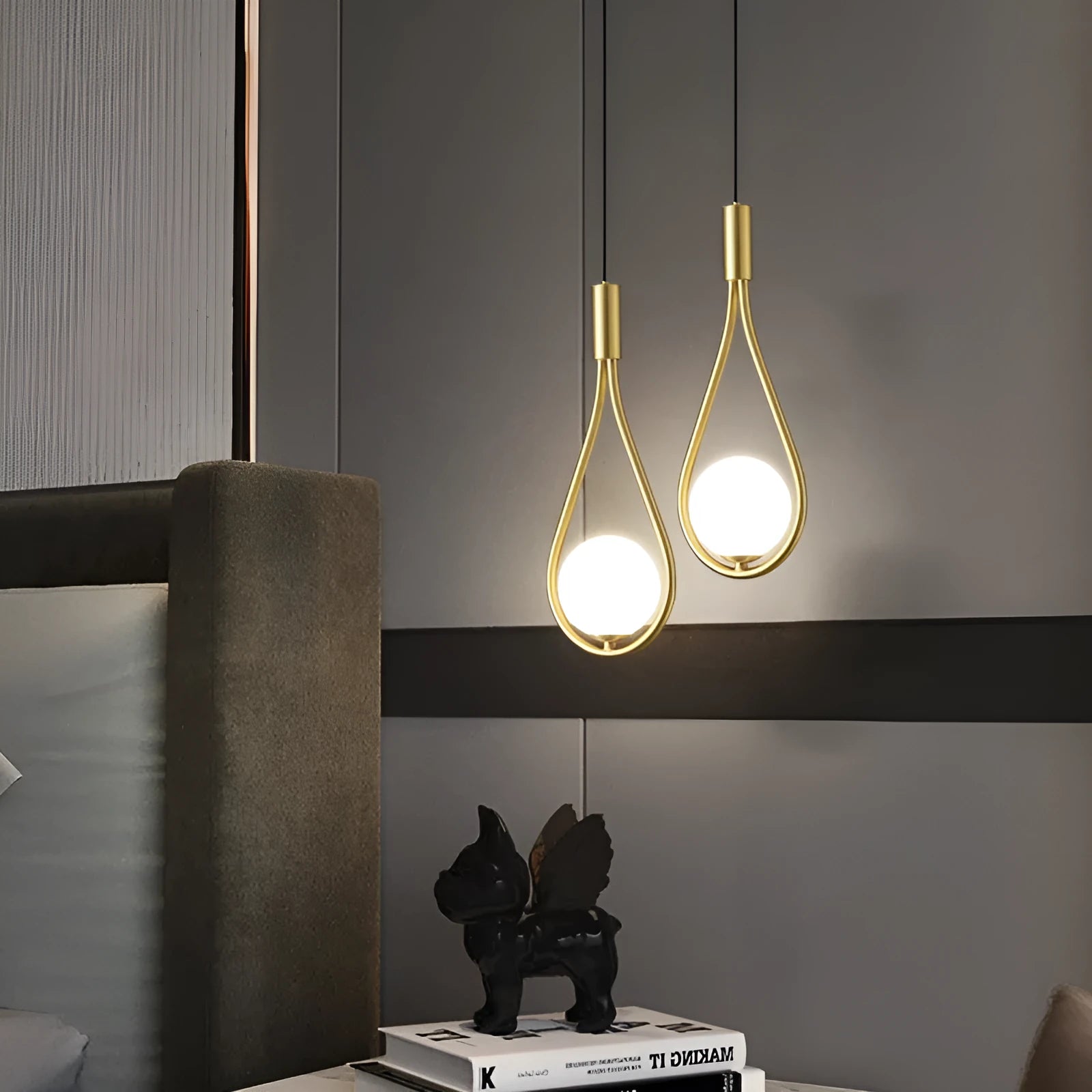 Modern minimalist copper bedside chandelier with a choice of three shade colours and a tricolour light source.
