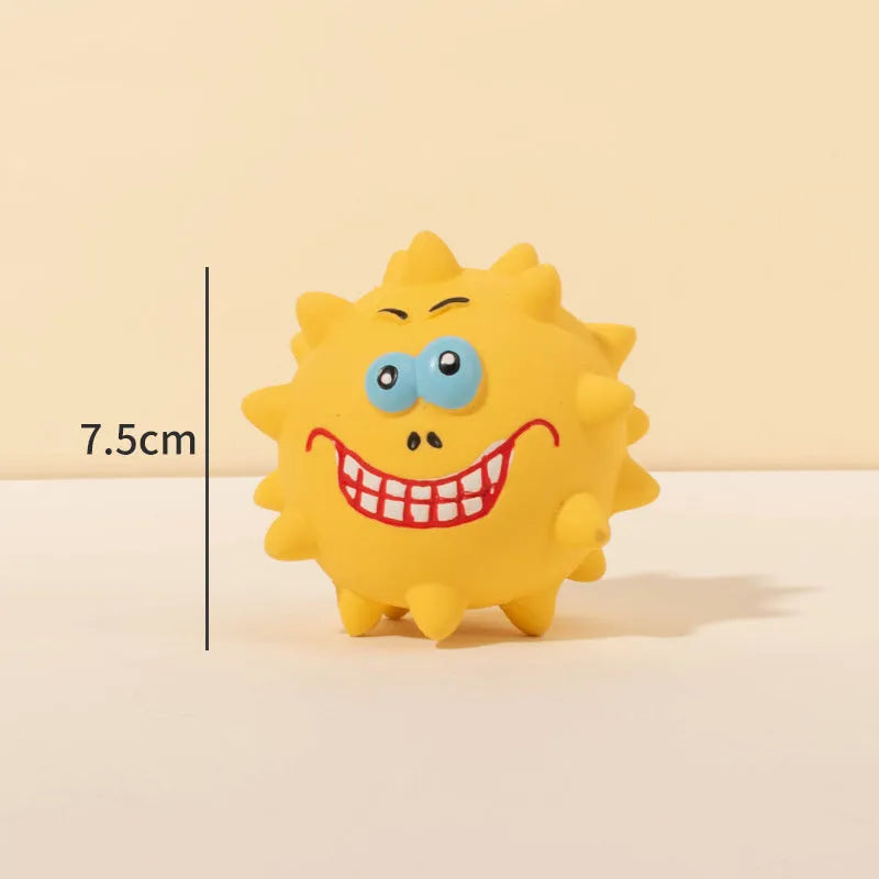 Four coloured natural latex squeaky dog balls with bumpy texture and cute faces
