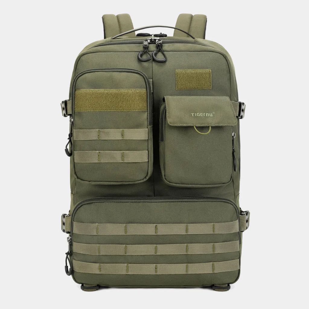 17-inch tactical backpack in army green with 20-35 litre capacity and waterproof nylon construction