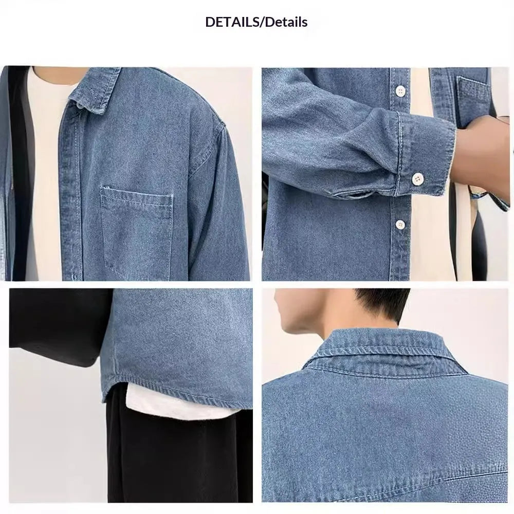 Men's pure cotton loose fit denim long sleeve shirt cardigan in dark blue, front view