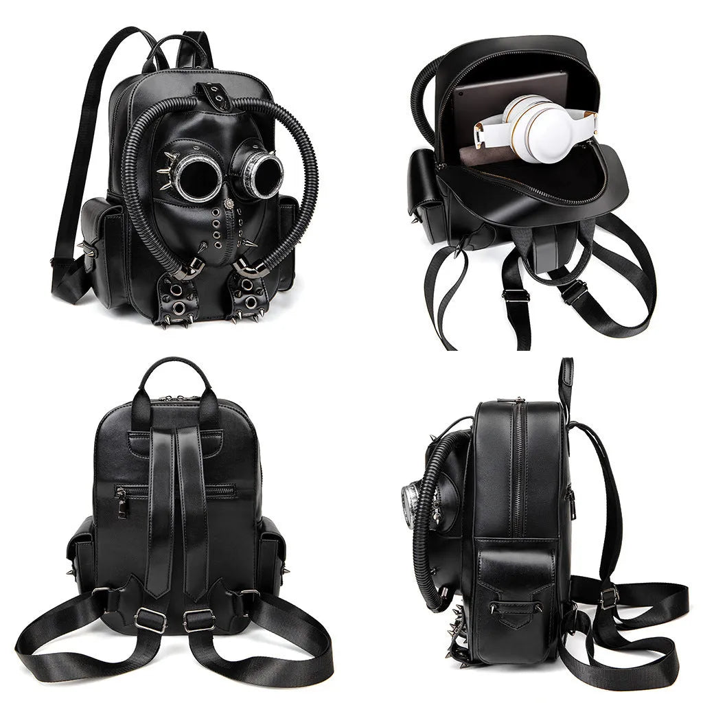 Black men's backpack with Gothic skull design featuring metal stud detailing and multiple compartments