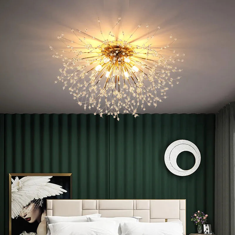 Dandelion crystal ceiling lamp with chrome finish and four light heads, 40cm diameter
