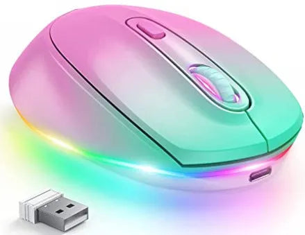 Rechargeable wireless mouse showing ergonomic shape, USB charging cable, and compact 108mm length design