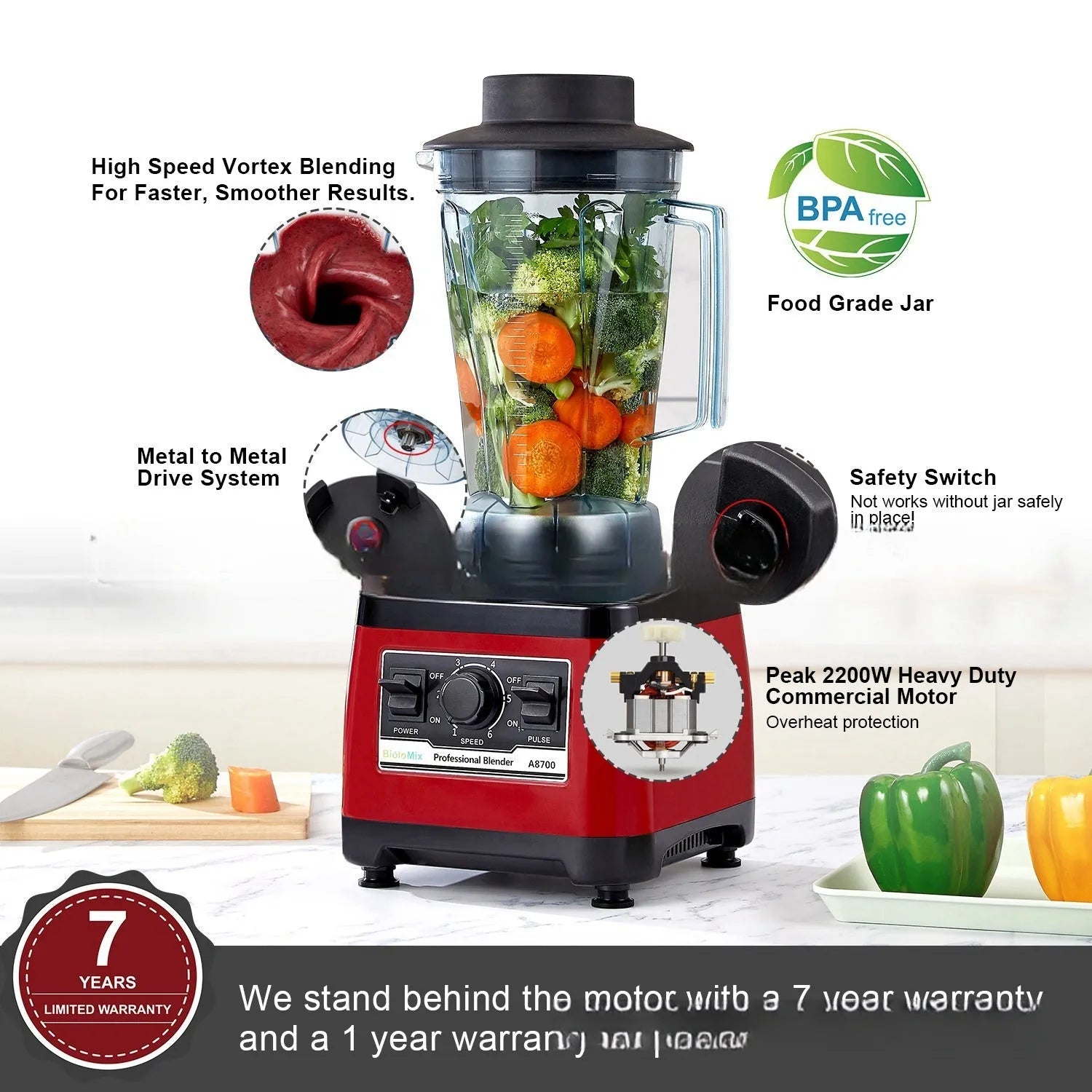 Red commercial blender with 2200W motor and 2L capacity for professional catering use