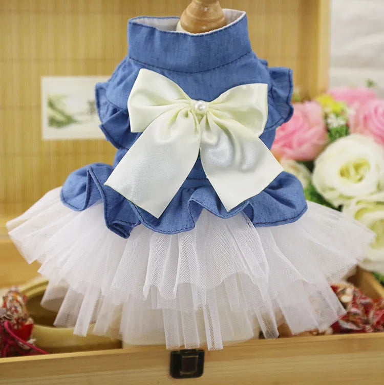 Korean design pet denim skirt with creative bow detailing in pink or white yarn for small to medium dogs
