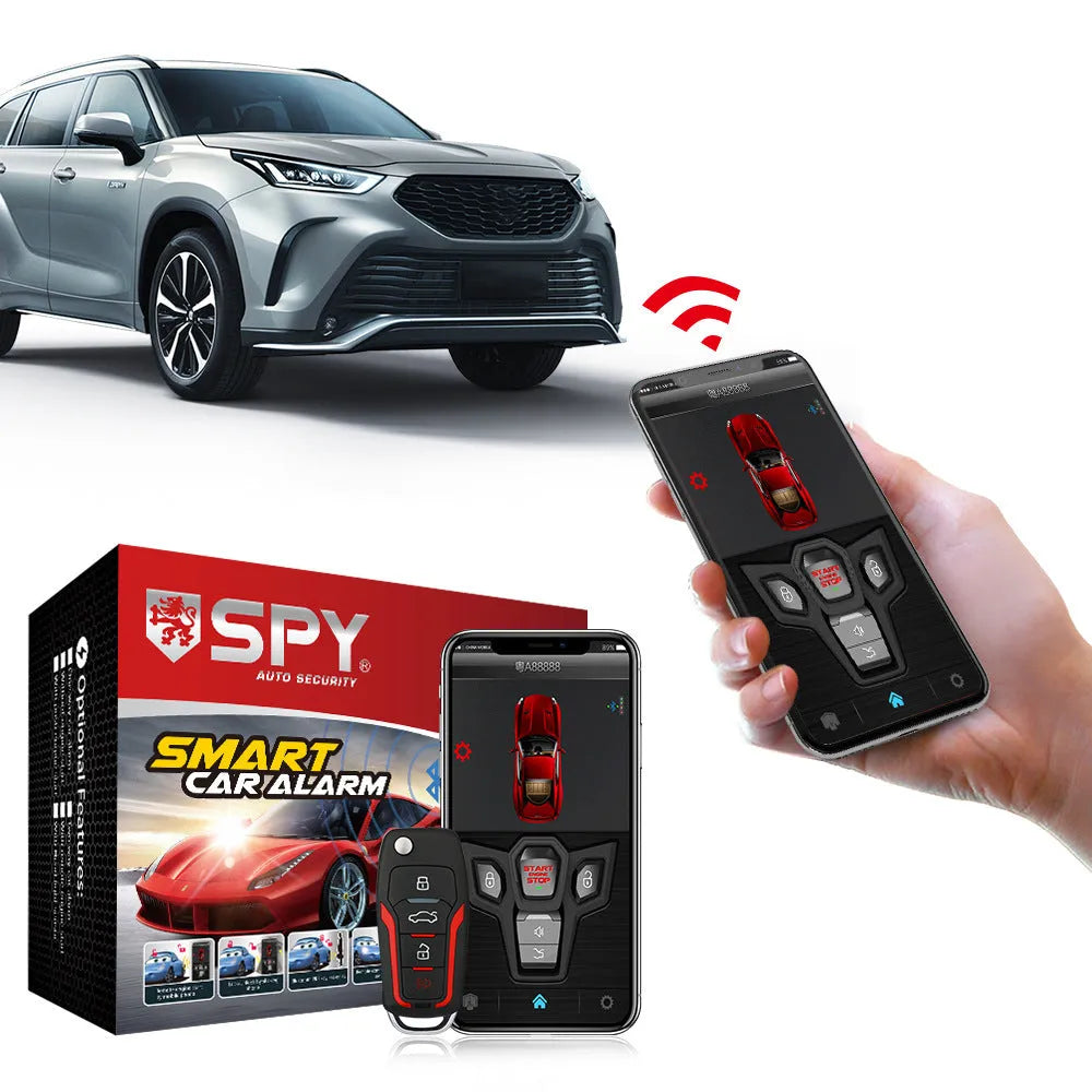 Red and black one-way remote car alarm system with two remotes for 3000m range vehicle security.