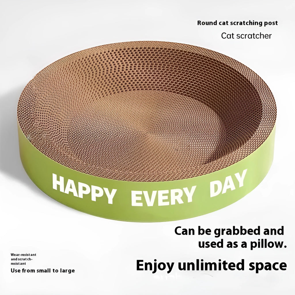 Green round reversible cat nest showing plush bedding side and textured sisal scratching side.