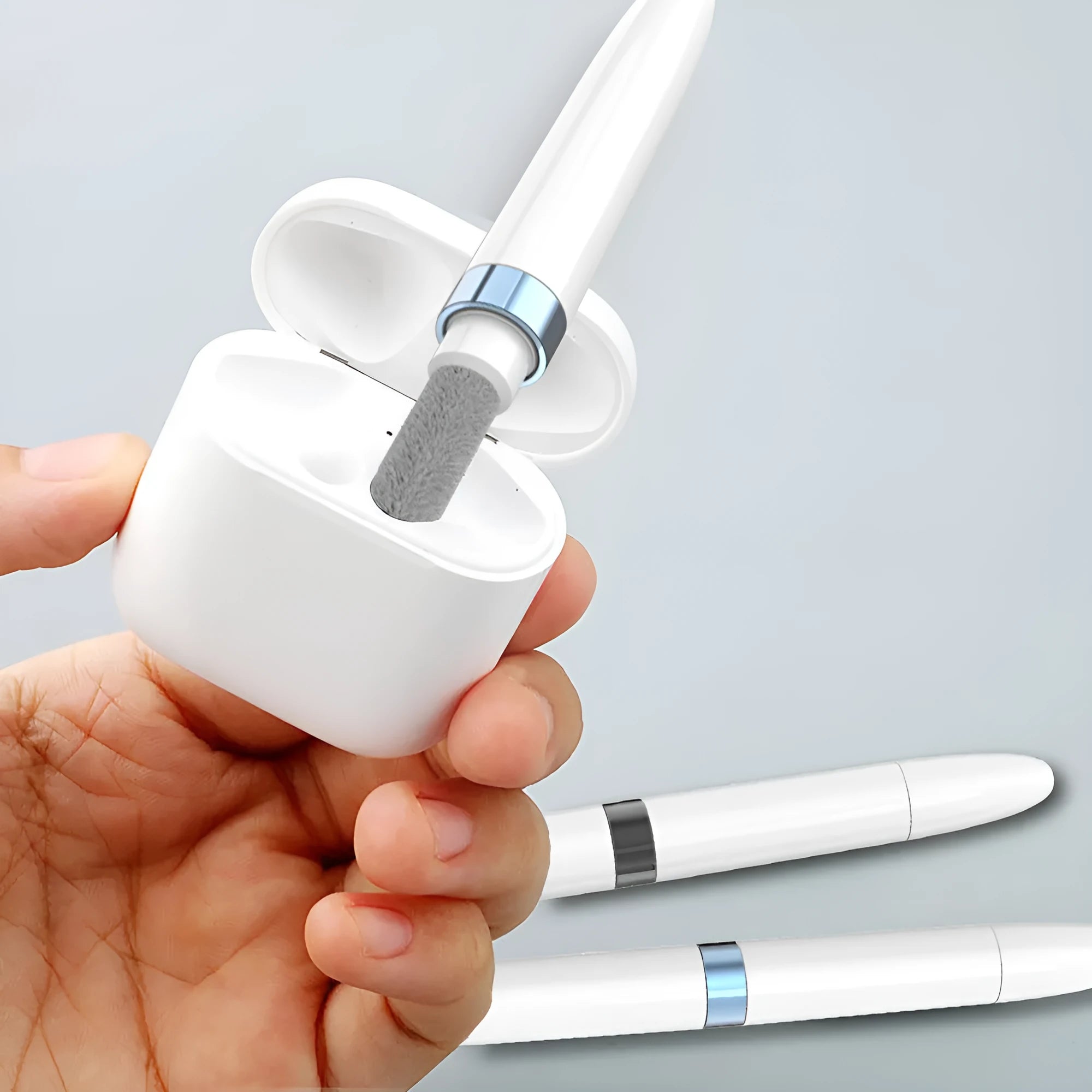 Three-layer electronics cleaning pen with metal nib, sponge and brush for earphones and keyboards