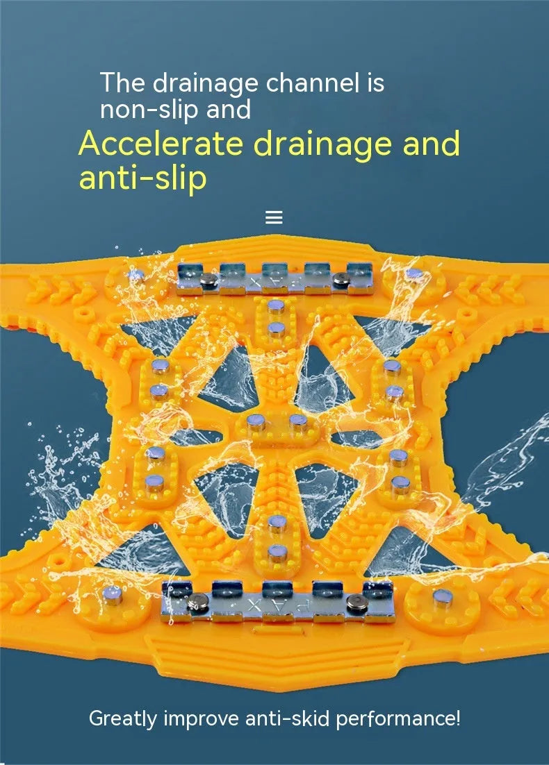 Universal car and SUV snow chains with steel gear links in black or yellow plastic casing with fitting tools