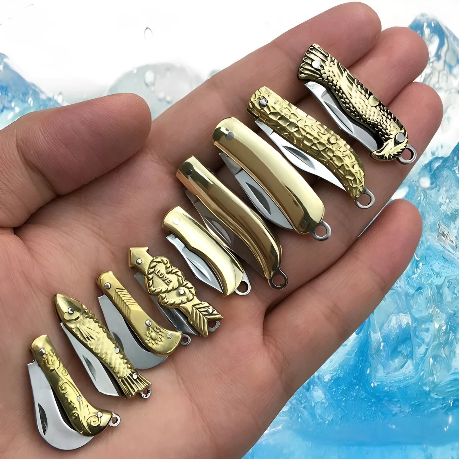Brass mini folding knife keychain pendant with 3cm blade and brass handle