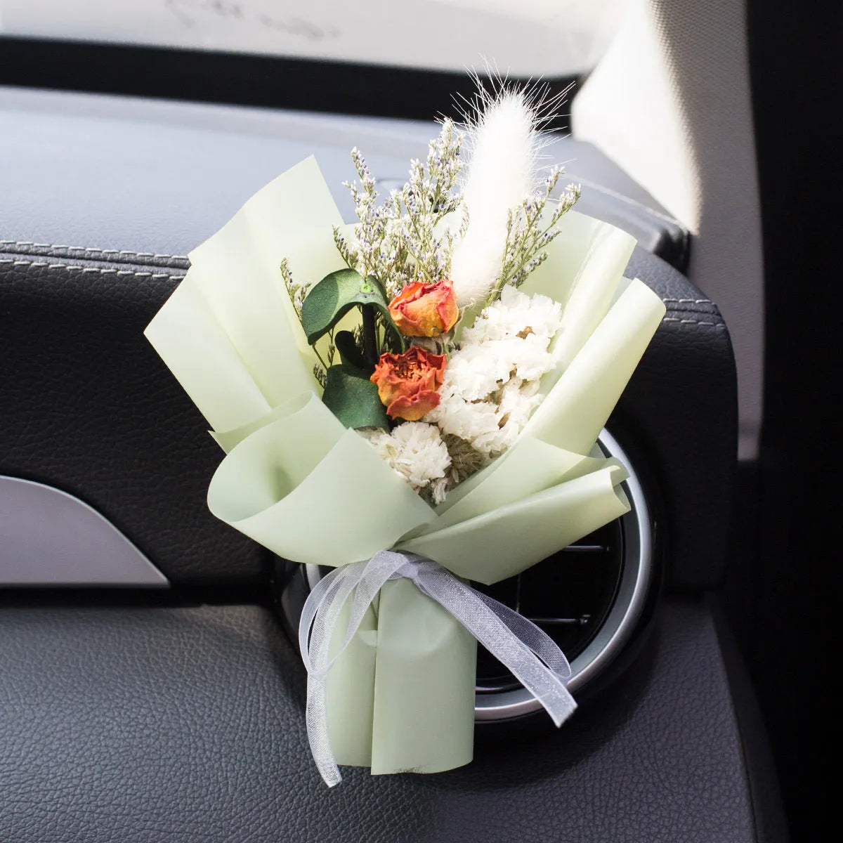 Handmade dried flower bouquet car vent air freshener clip in assorted colours.