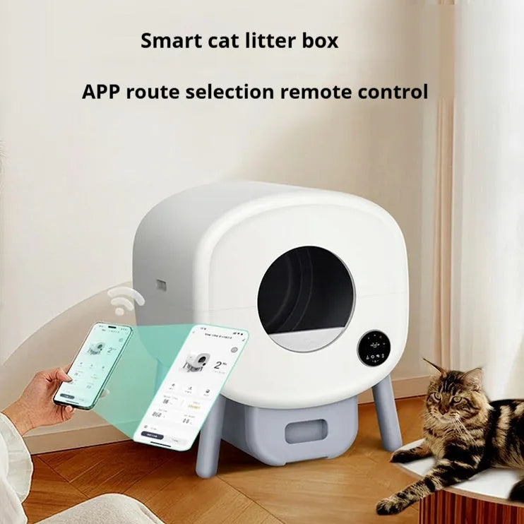 Automatic self-cleaning cat litter box made of white ABS plastic with control panel.