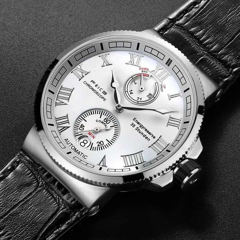 Automatic mechanical watch for men with black silicone band, luminous dial, and stainless steel watch bottom