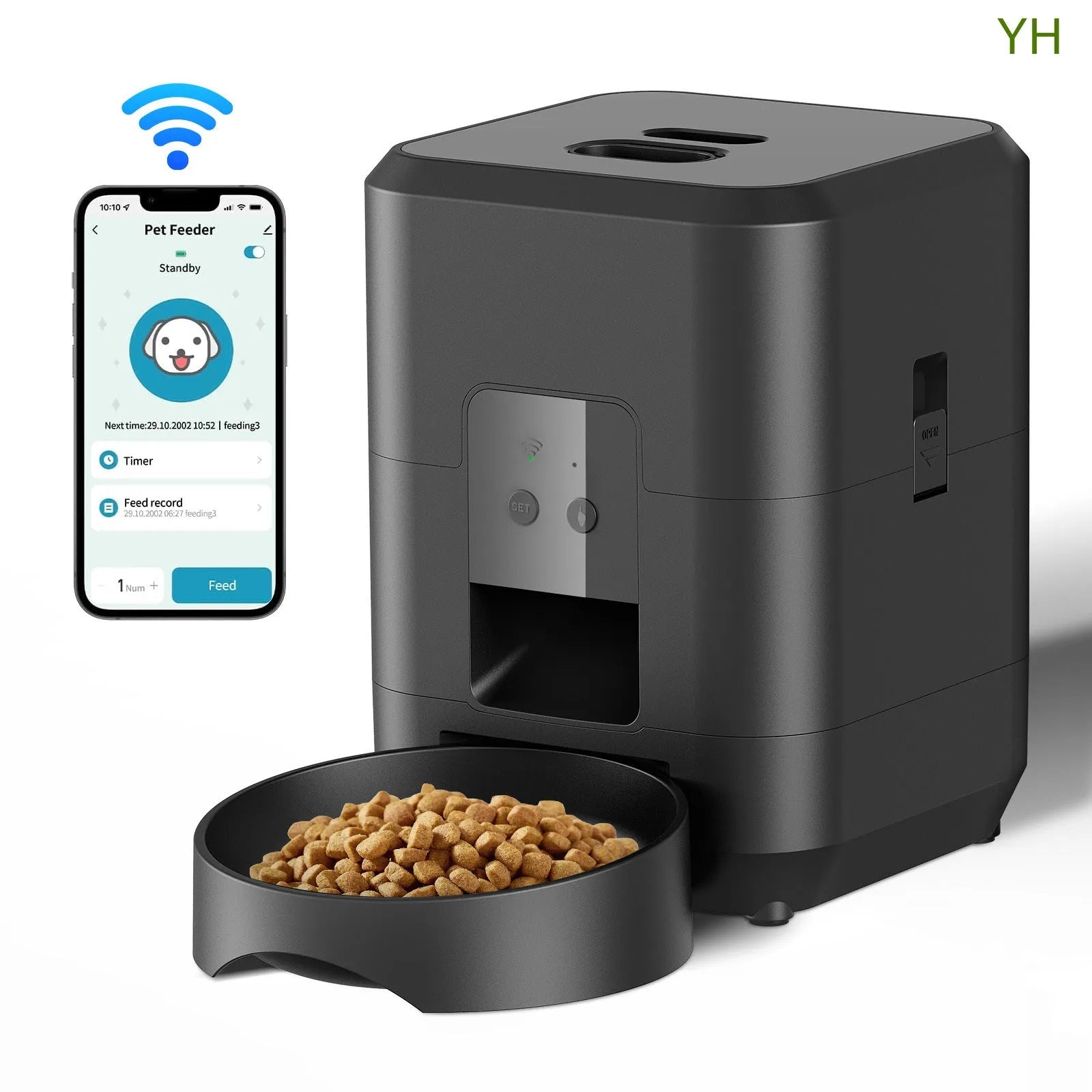 Automatic pet feeder with WiFi connectivity and video monitoring for cats with UK power adapter