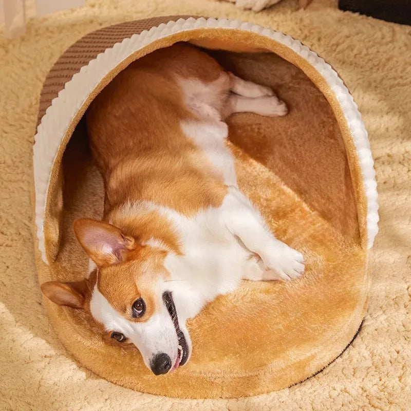 Blue dog sleeping bag with removable fleece mat for medium-sized dogs.