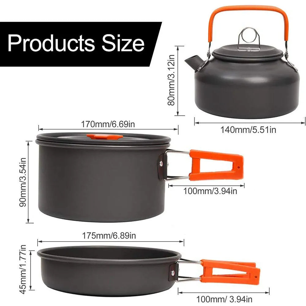Orange camping cookware set with aluminium pots, pan, and utensils in a mesh bag