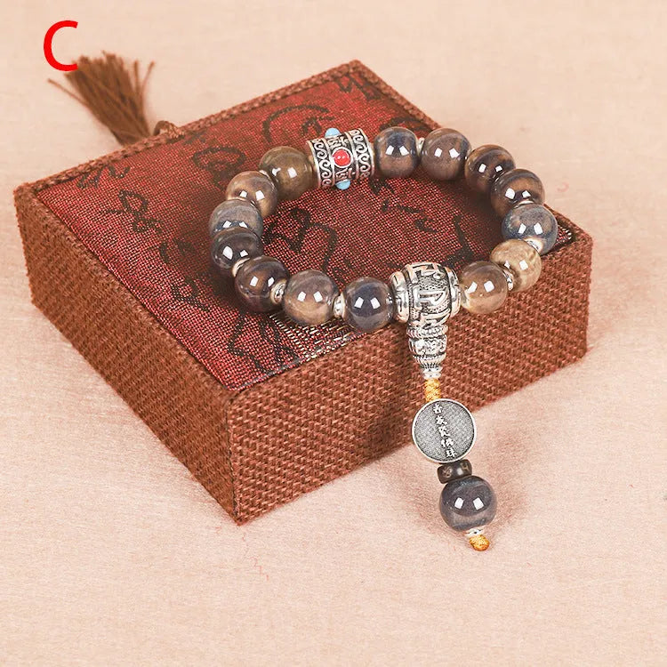 Men's ceramic gradient bead Buddhist charm bracelet with coloured glaze, approximately 13mm diameter.