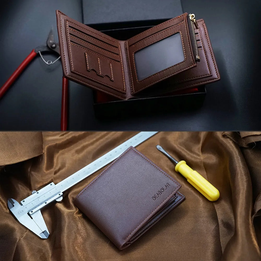 Leather men's wallet with zipper closure shown individually packaged as gift accessory
