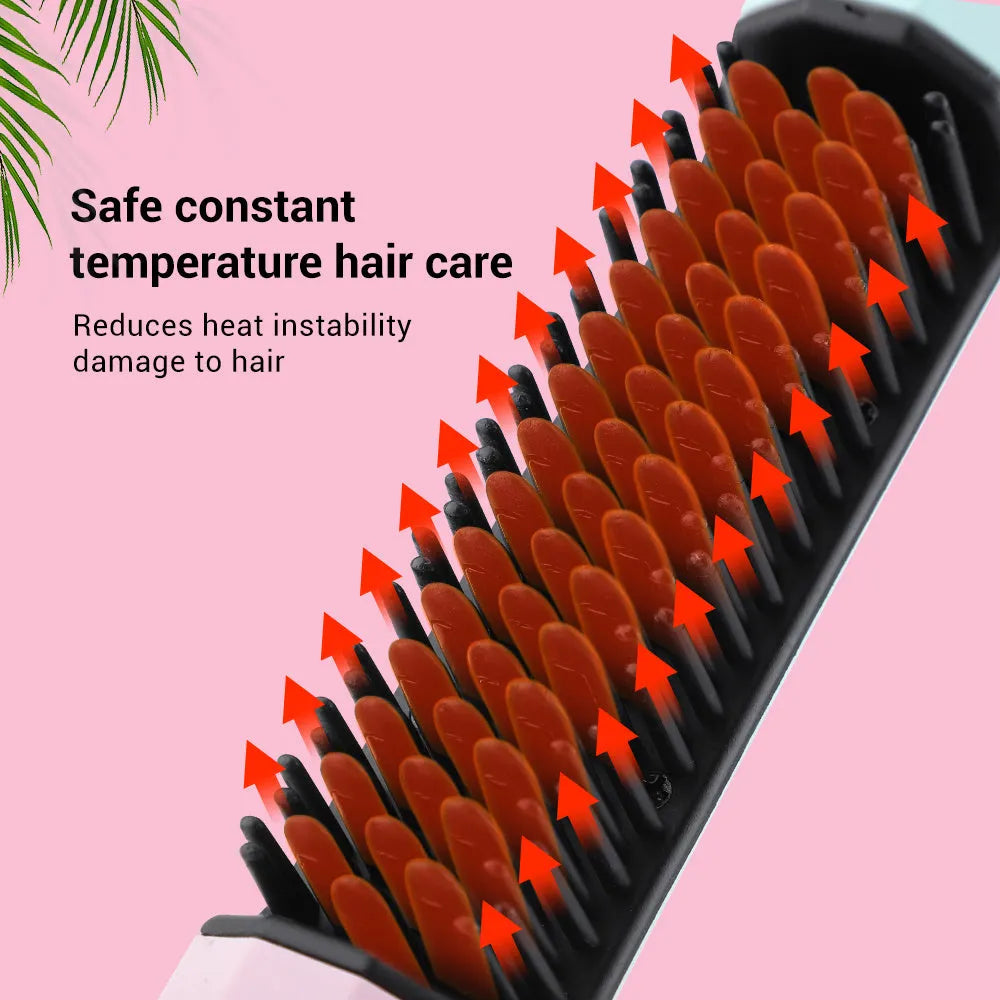 Pink cordless straightening comb with USB charging port and heat-protected comb teeth