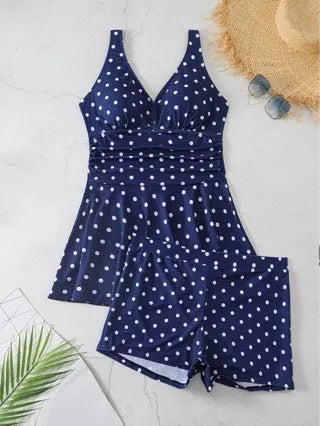Blue polka dot print women's plus size swimsuit bikini set with skirt top and brief bottoms