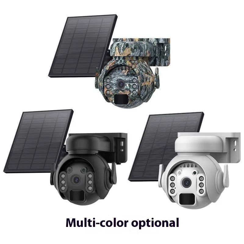 Solar security camera in camouflage finish with solar panel and lens visible