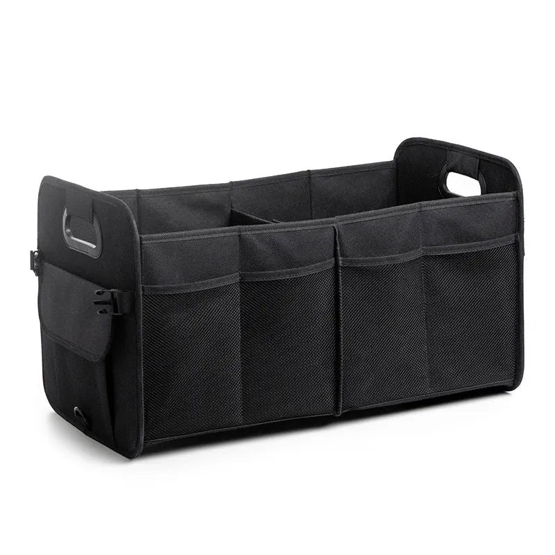 Black foldable fabric car trunk storage box with handles, shown with multiple compartments.
