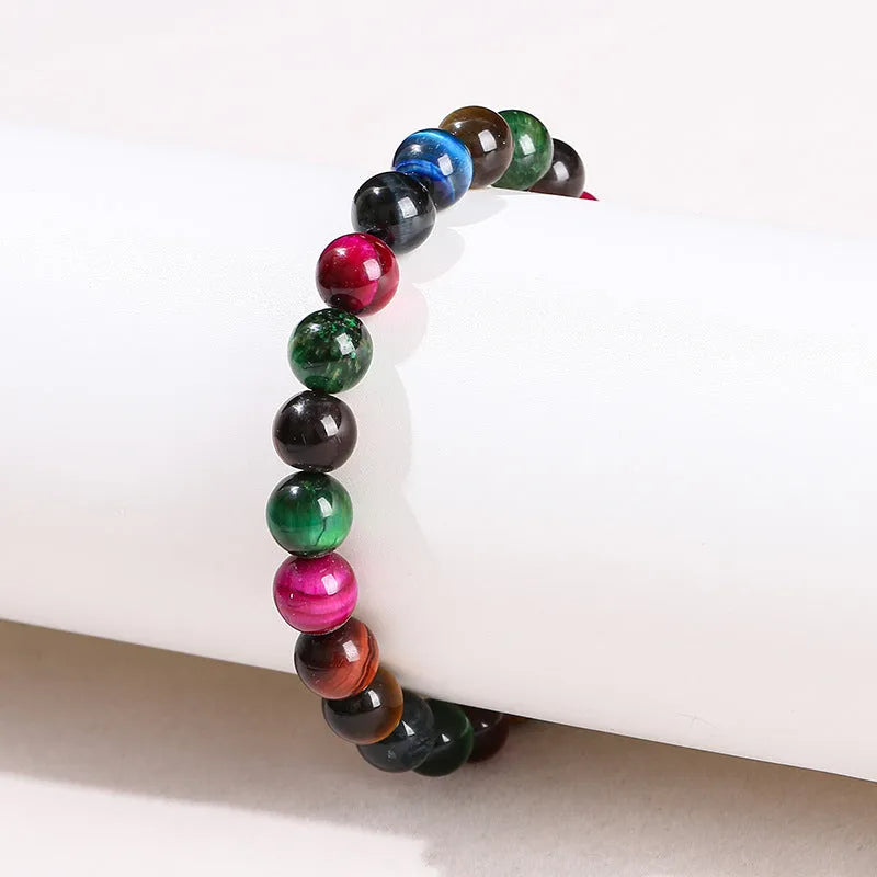 Colourful Tiger Eye stone bracelet with round beads in mixed string design