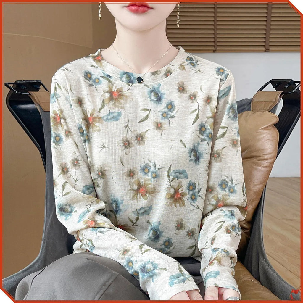 Round neck pullover shirt in Tencel cotton fabric with colourful floral print design