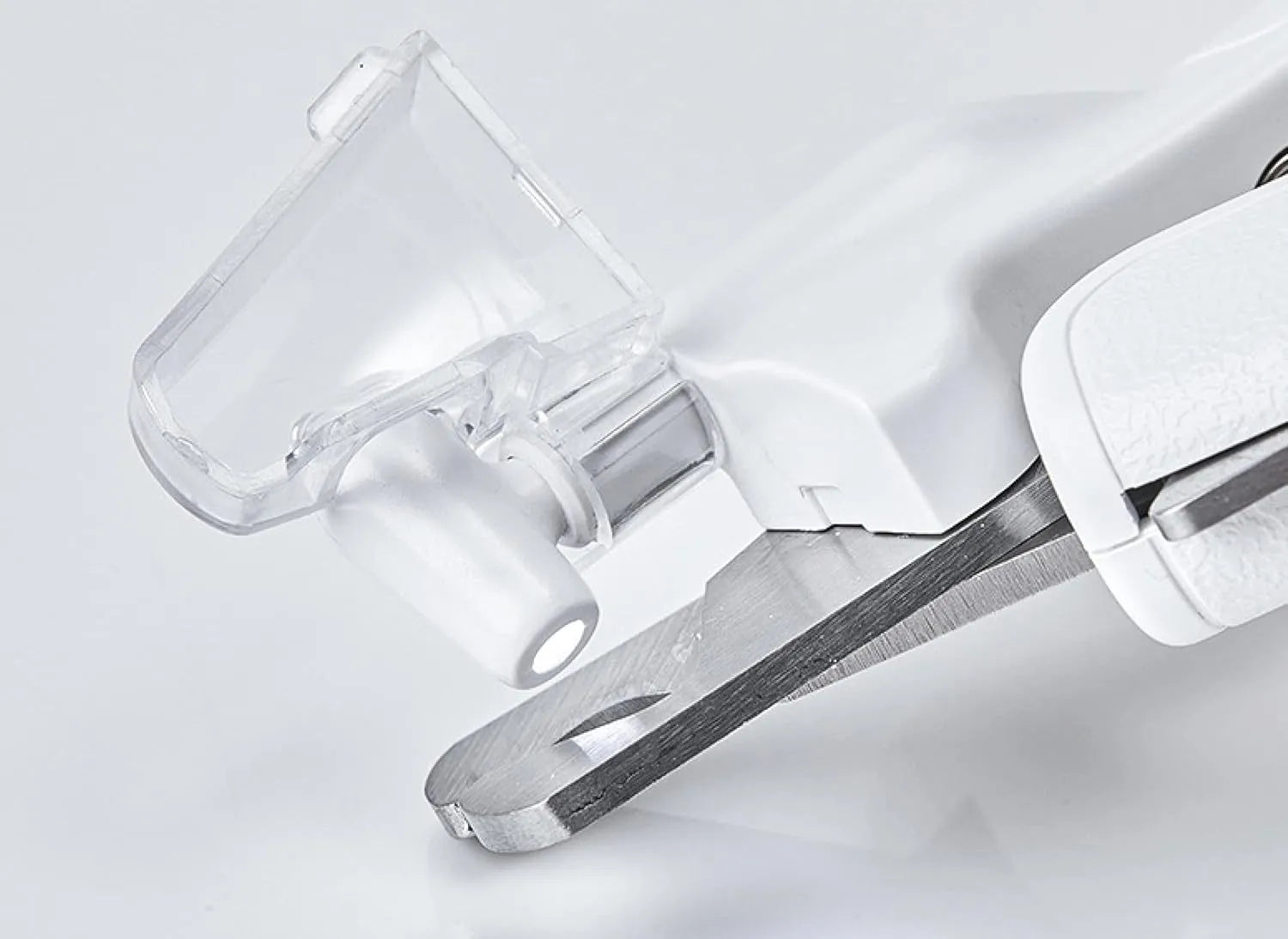 White pet nail clipper with LED light, transparent anti-splash guard, and leather-like handle