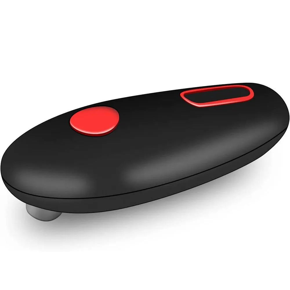 Black plastic electric can opener with compact design for battery-powered hands-free opening