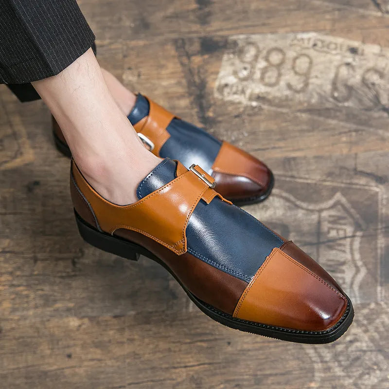 Men's brown blue and black British retro style casual shoes with buckle closure and tall crown