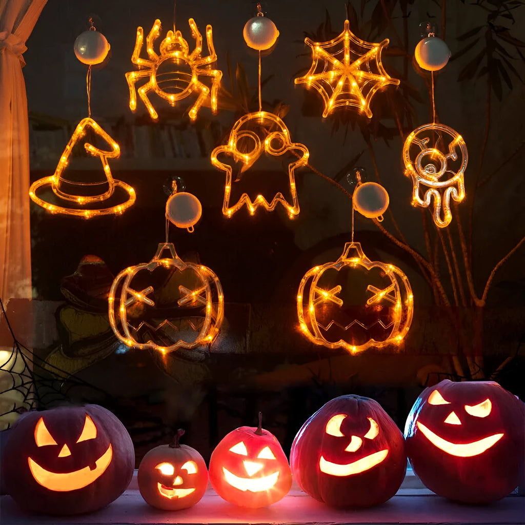 Halloween window hanging LED lights with ghost, spider, and pumpkin designs